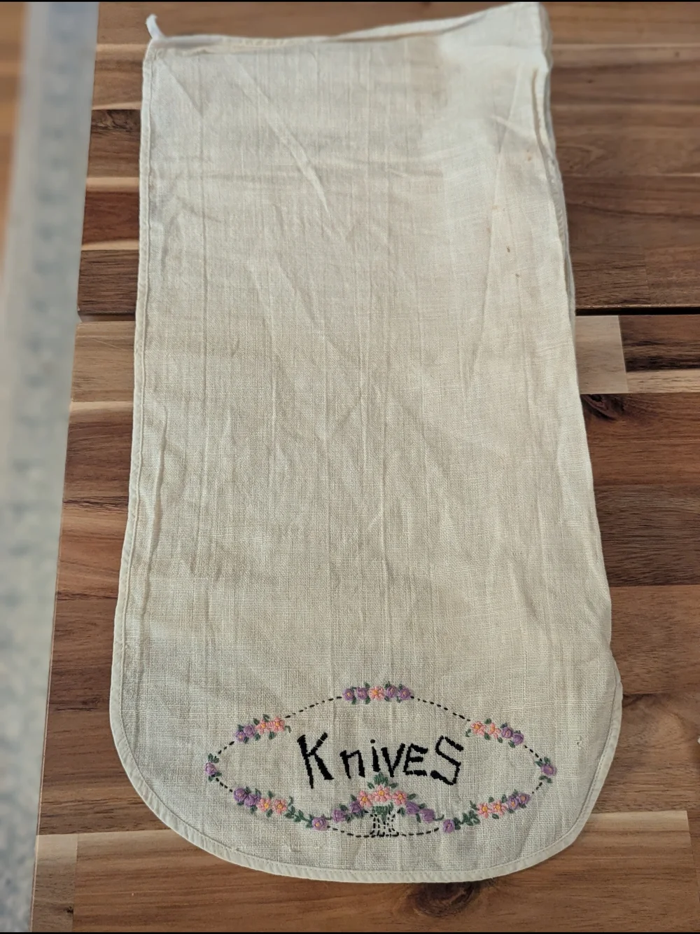 Hand Embroidered Linen Flatware Storage Rolls - Set of 3 Folk Art